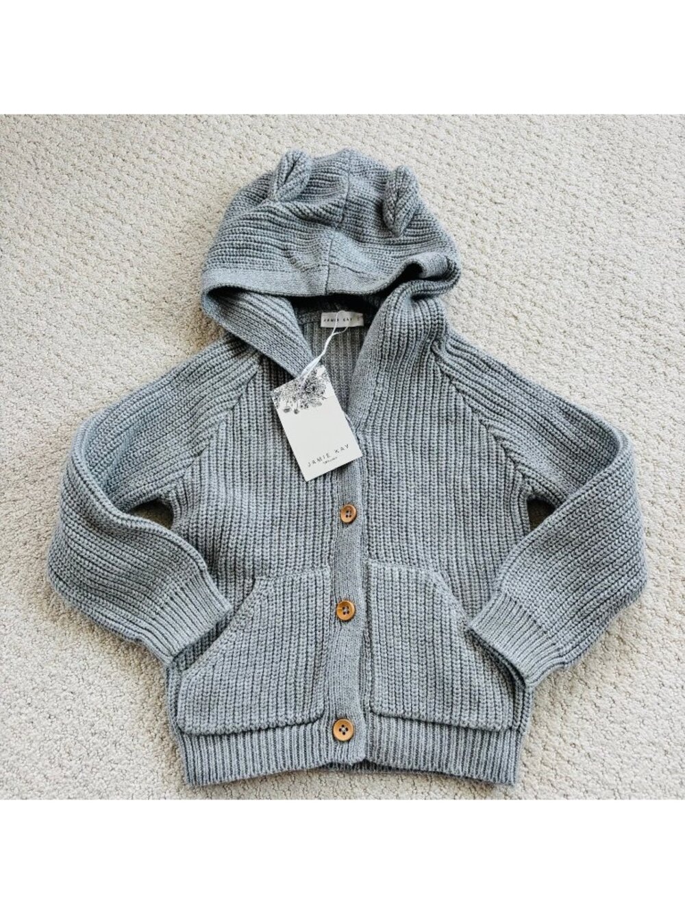 Jamie Kay OG Bear Knit gray chunky knit hooded cardigan jacket with ears